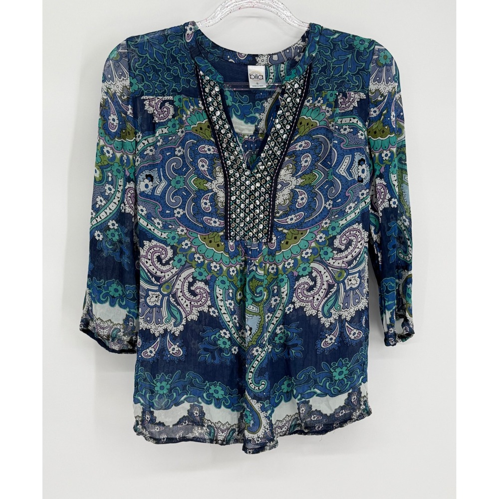 Bila Womens Blue Paisley Medallion Beaded Split Neck‎ Rayon Blouse Sz S